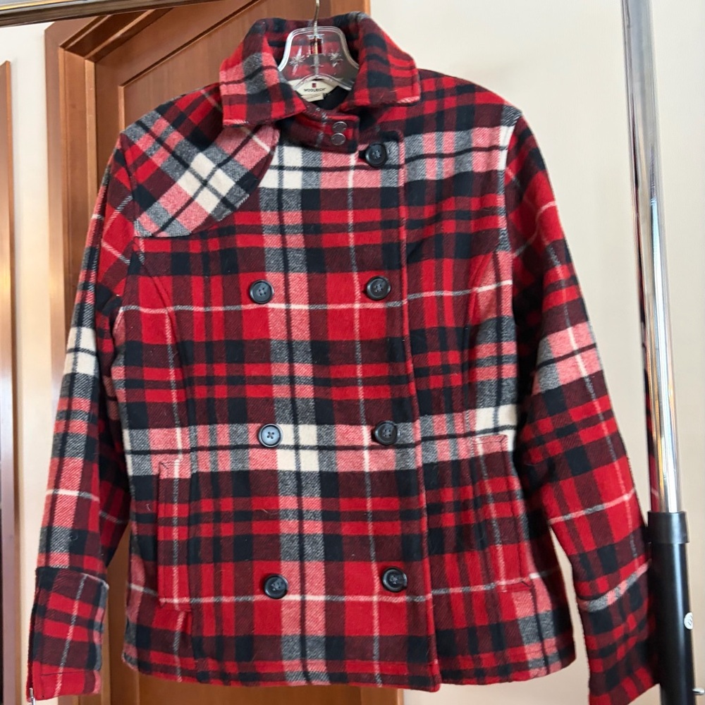 Woolrich Red and Black Plaid Pea Coat.   Size S